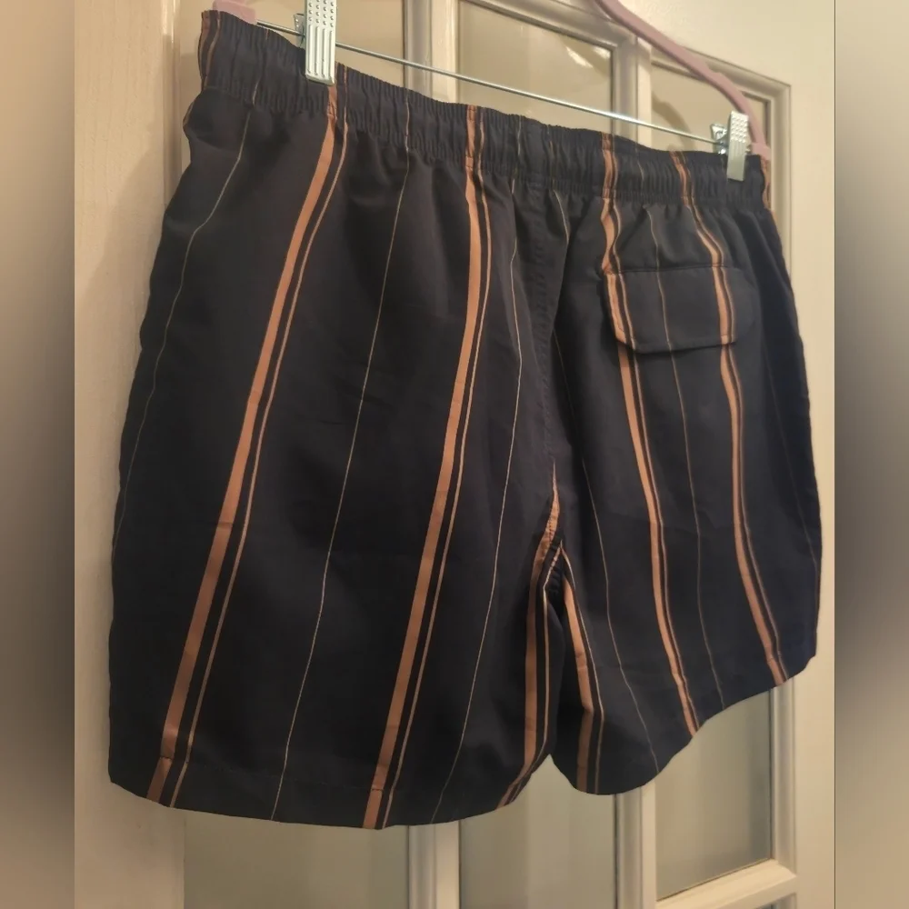 The Kooples Navy Blue & Gold Swim Trunks W/ Stripes & Zip-Up Pockets